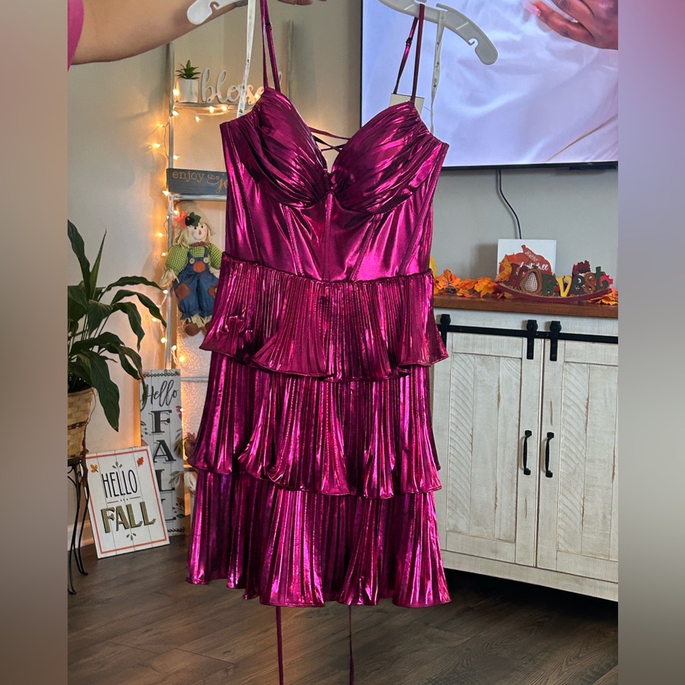 David's Bridal Metallic Pink Tiered Dress
